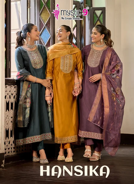 Hansika Vol 4 By Mystic 9 Fancy Fabric Kurti With Bottom Dupatta Online Wholesale